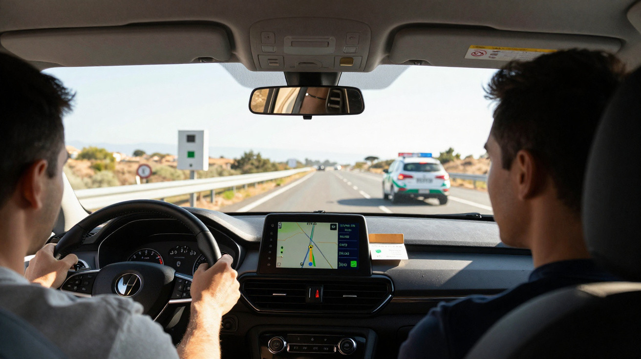 Dois homens dentro de um carro, com motorista segurando volante, na rodovia com sinalização e outro carro à frente.