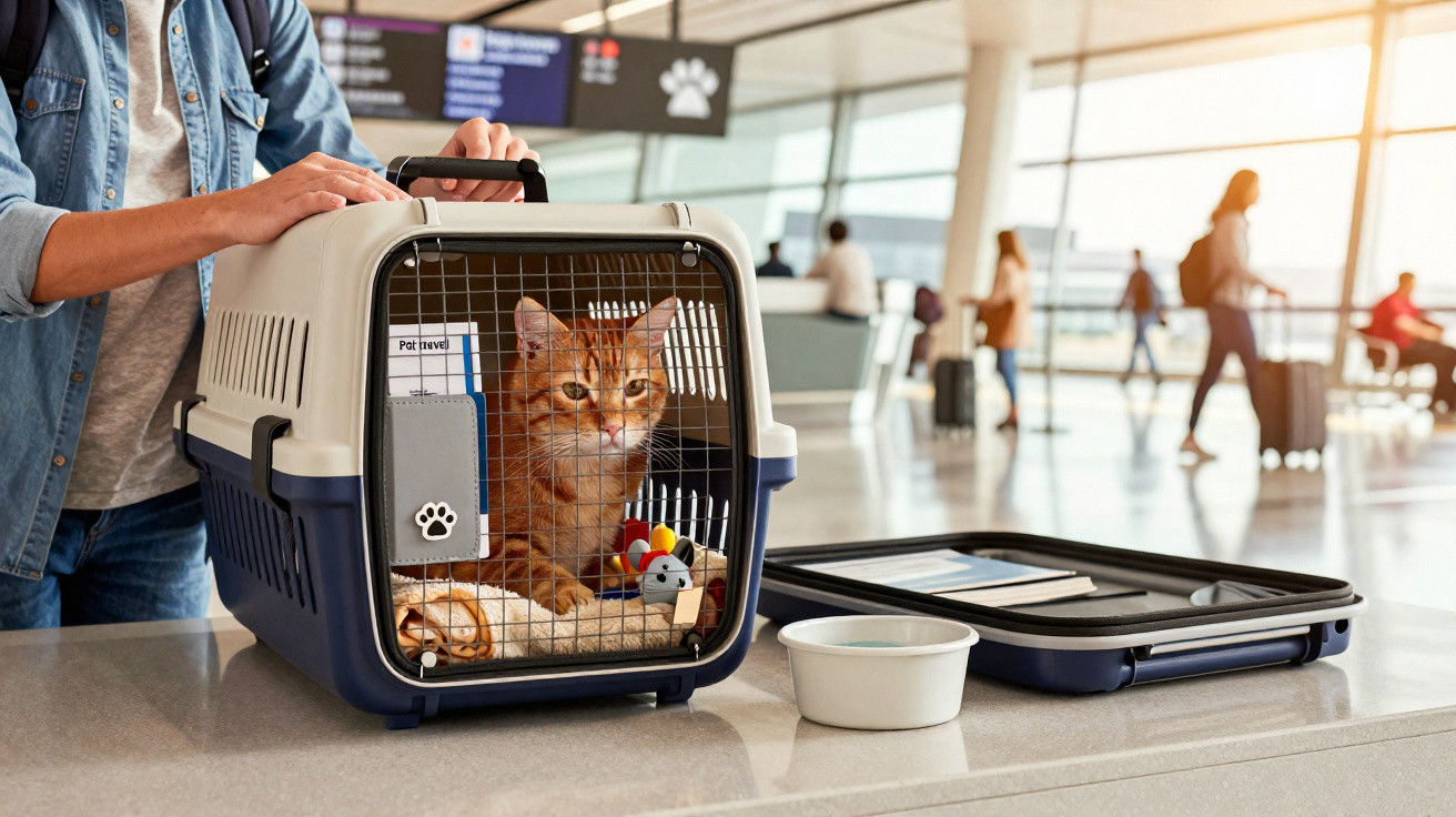 Gato laranja dentro de transportadora em balcão de aeroporto com pessoas e malas ao fundo.
