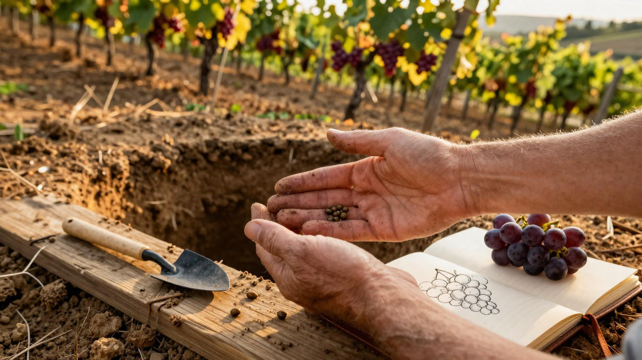 Mãos segurando sementes perto de cova em vinhedo com enxada e desenho de uvas ao lado.