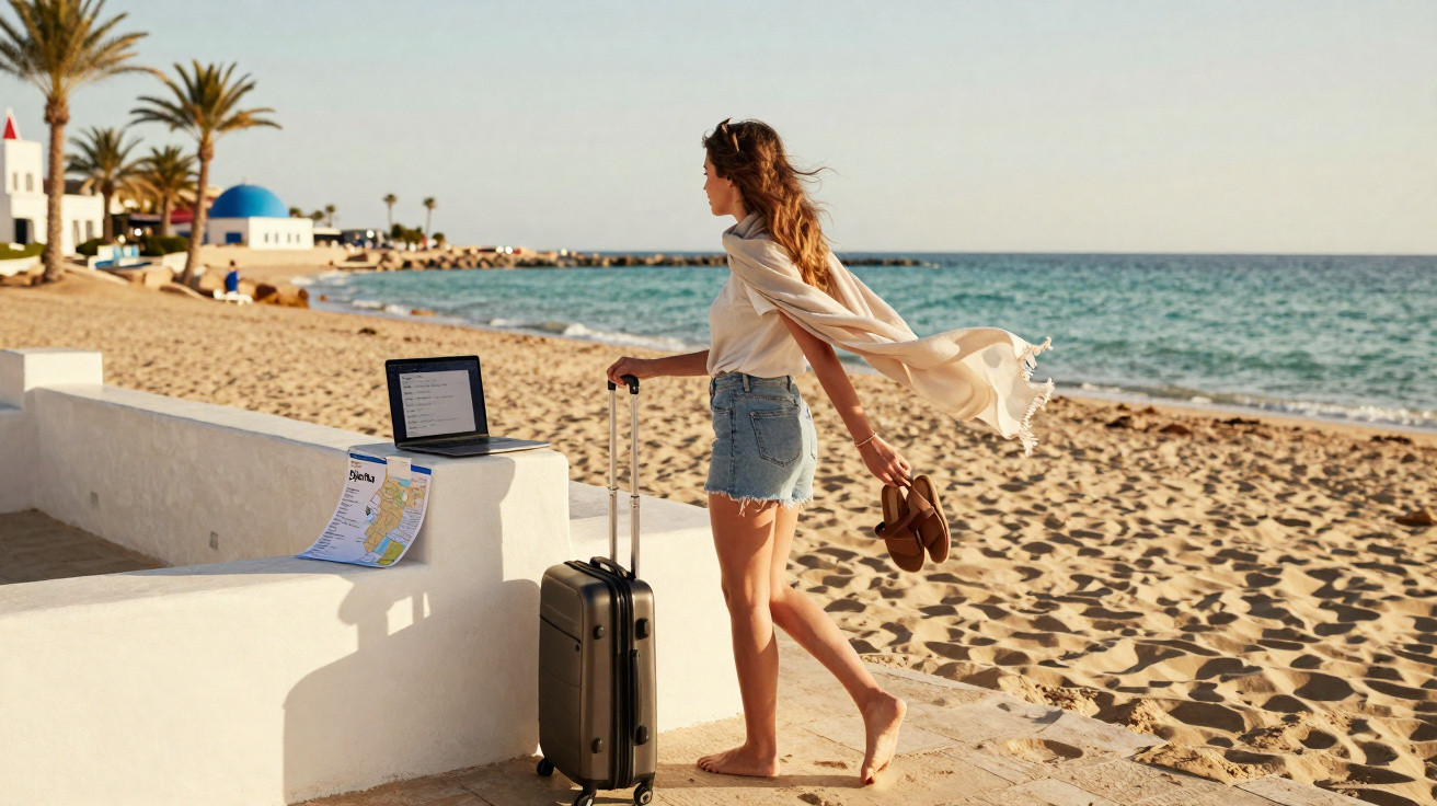 Mulher com mala e tênis na mão à beira da praia com notebook e mapa em muro branco ao lado.