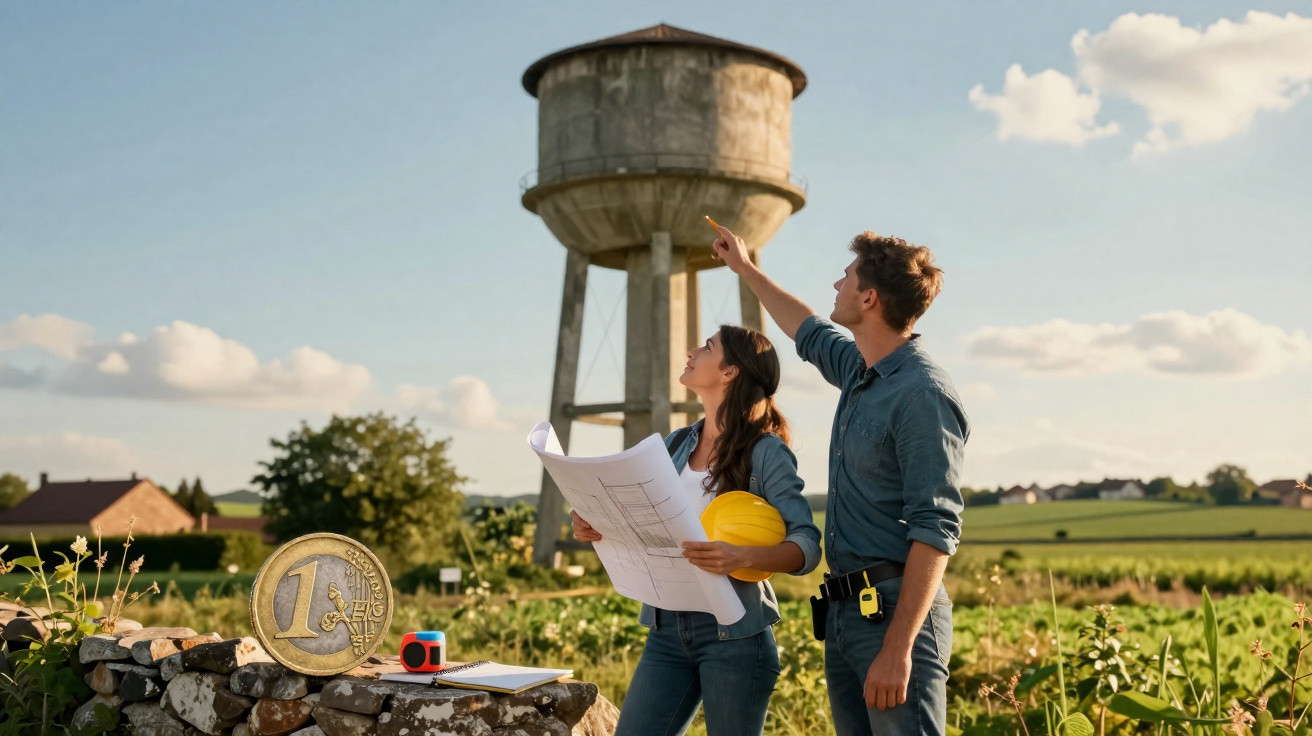Engenheiros analisam torre de água em área rural com plantas, planta baixa e capacete de segurança.