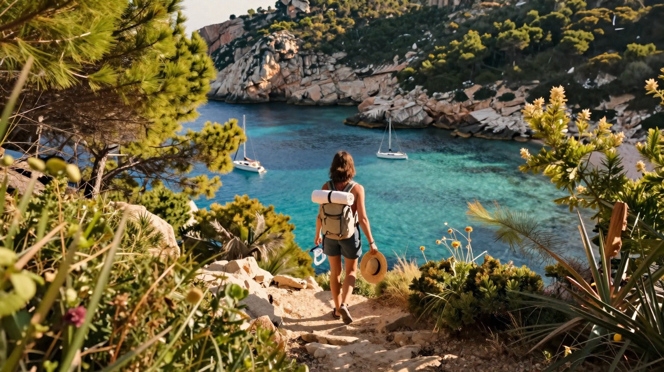 Mulher com mochila caminhando em trilha pela mata, vista para baía com águas cristalinas e barcos ancorados.