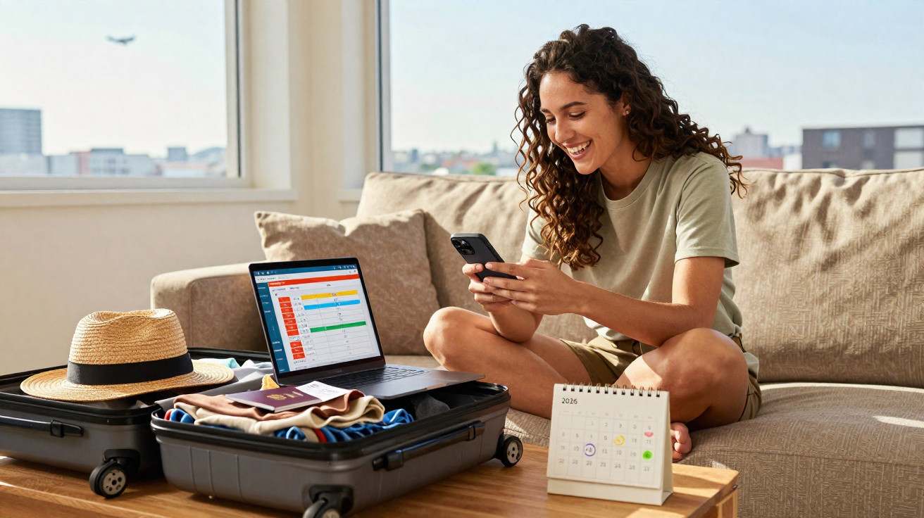 Mulher sorridente sentado no sofá com mala aberta, laptop e calendário planejando viagem.