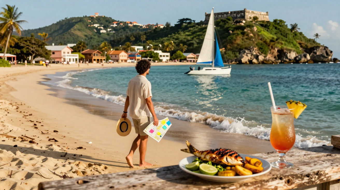 Homem caminha na praia com mapa, barco veleja no mar e prato com peixe e drink na mesa de madeira.