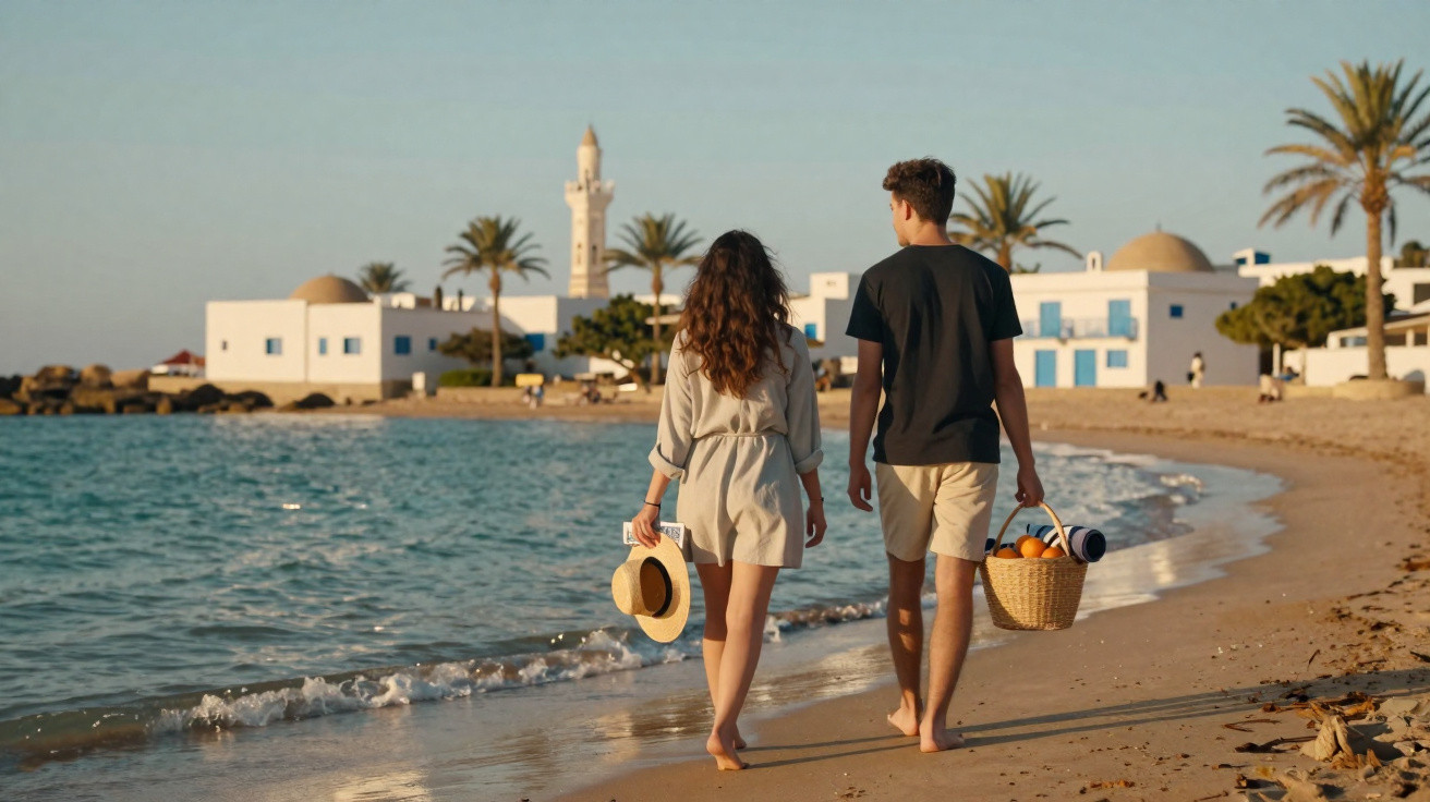 Casal caminhando descalço na praia ao entardecer com cesto de frutas e chapéu na mão.