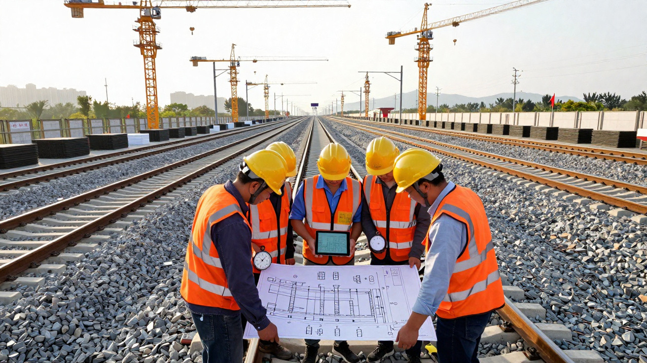 Quatro engenheiros com capacetes e coletes refletores analisam projeto na ferrovia em construção.