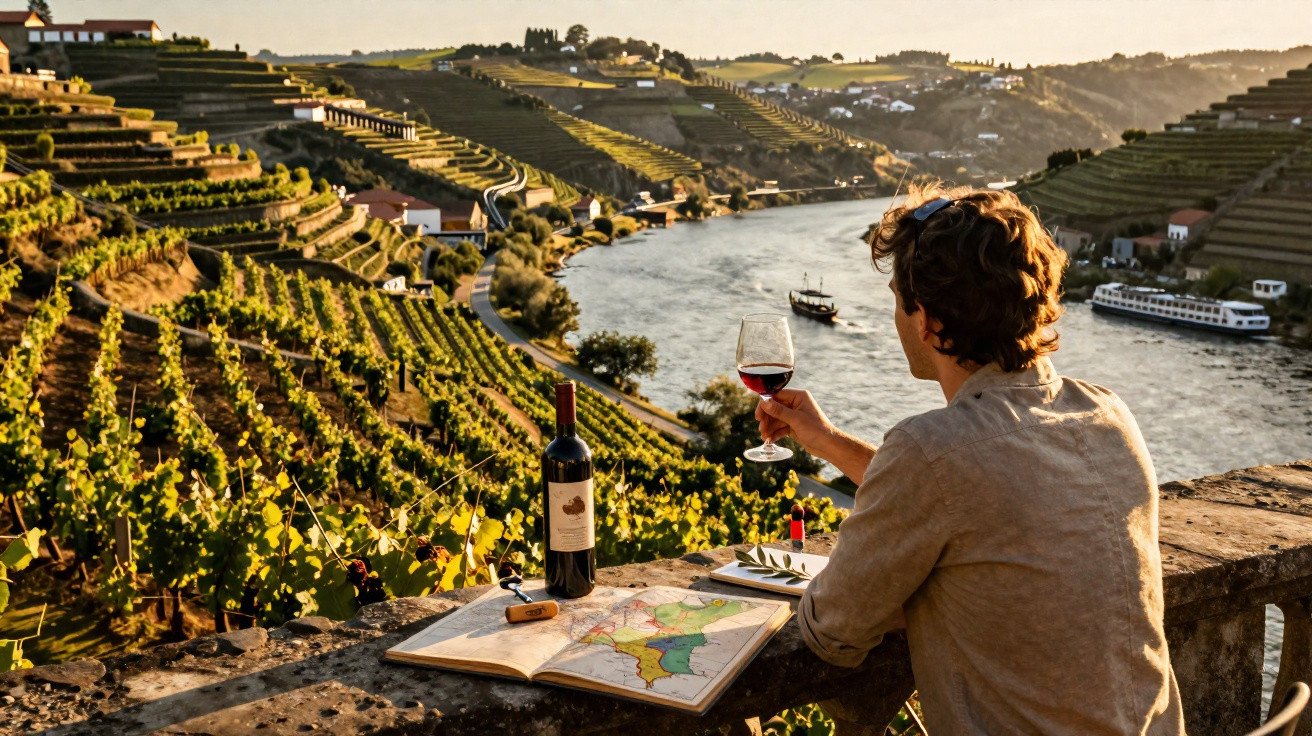 Pessoa com taça de vinho observa vinhedos em socalcos ao lado de rio durante o pôr do sol.