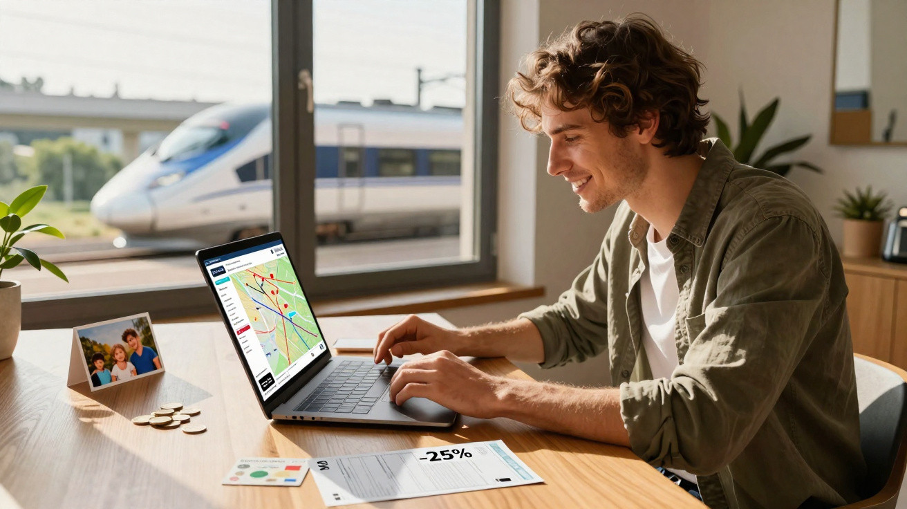 Homem sorridente usa laptop com mapa aberto, sentado em mesa perto de janela com trem passando.