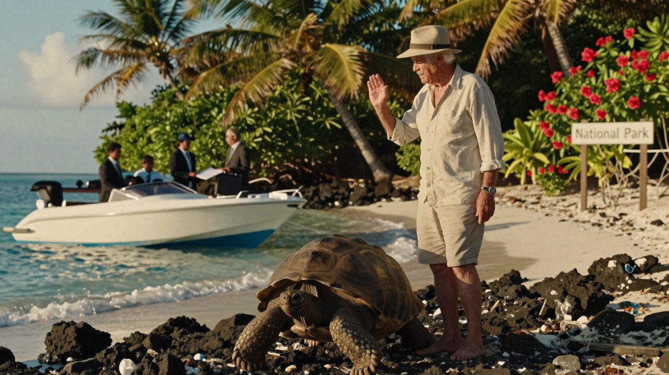 Homem de chapéu acenando para uma tartaruga gigante na praia com vegetação e embarcação ao fundo.