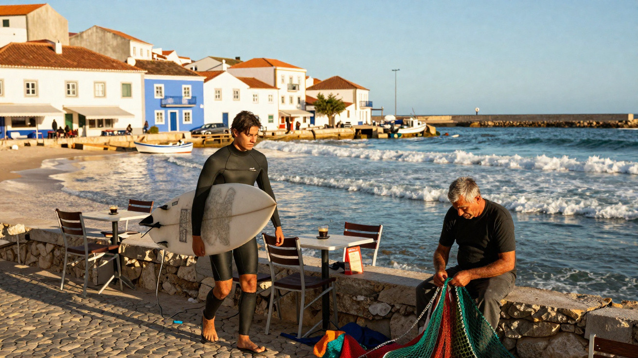 Homem com roupa de neoprene e prancha de surf caminha por calçadão perto de mar com ondas e pescador arrumando rede.