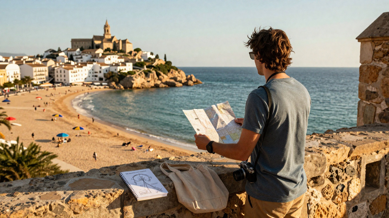 Homem olhando mapa na praia com cidade histórica ao fundo e mar calmo ao entardecer.