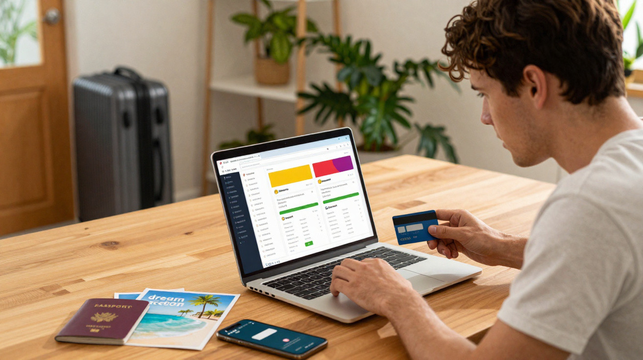 Homem usando cartão de crédito no notebook para planejar viagem com passaporte e celular sobre a mesa.