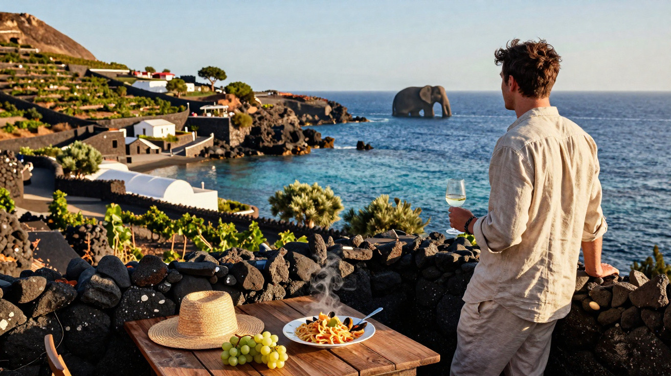 Homem com taça olha para o mar onde um elefante está na água, com mesa de comida e paisagem costeira ao fundo.