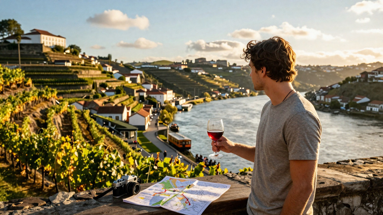 Homem segurando taça de vinho olhando para vinhedos e rio ao entardecer com mapa e câmera na pedra.