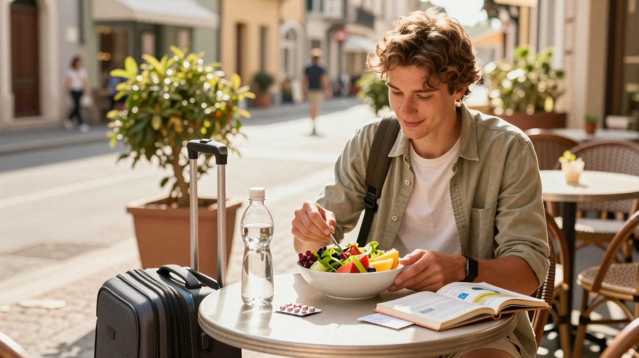 Jovem sentado em cafeteria ao ar livre com mala, comendo salada e lendo livro em dia ensolarado.