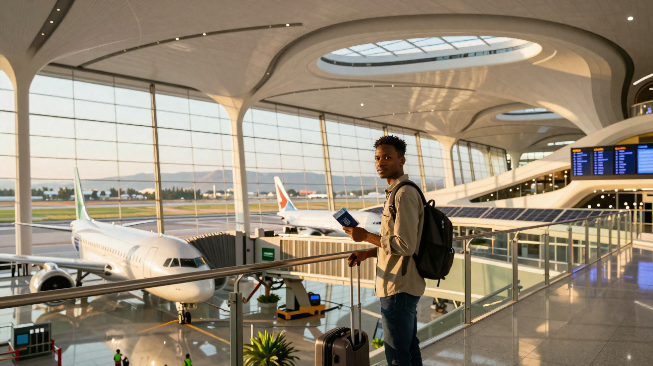 Homem negro com mochila e mala em aeroporto moderno, olhando para a câmera com avião ao fundo.