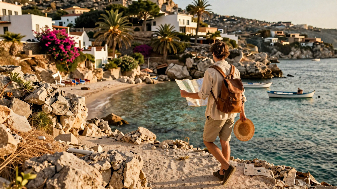 Homem com mochila e chapéu na mão consulta mapa próximo a praia com barcos e casas ao fundo.