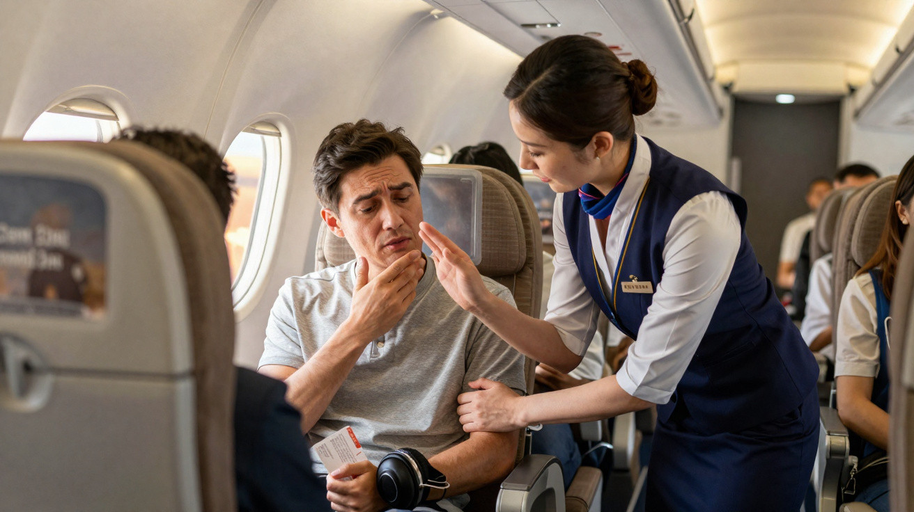 Comissária de bordo auxiliando passageiro com desconforto no rosto durante voo dentro do avião.