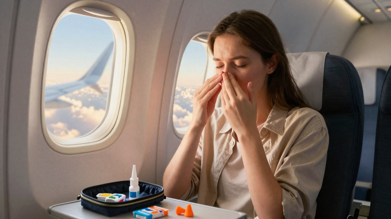 Mulher sentada em avião, com as mãos no nariz, ao lado de medicamentos e protetores auriculares na mesa.