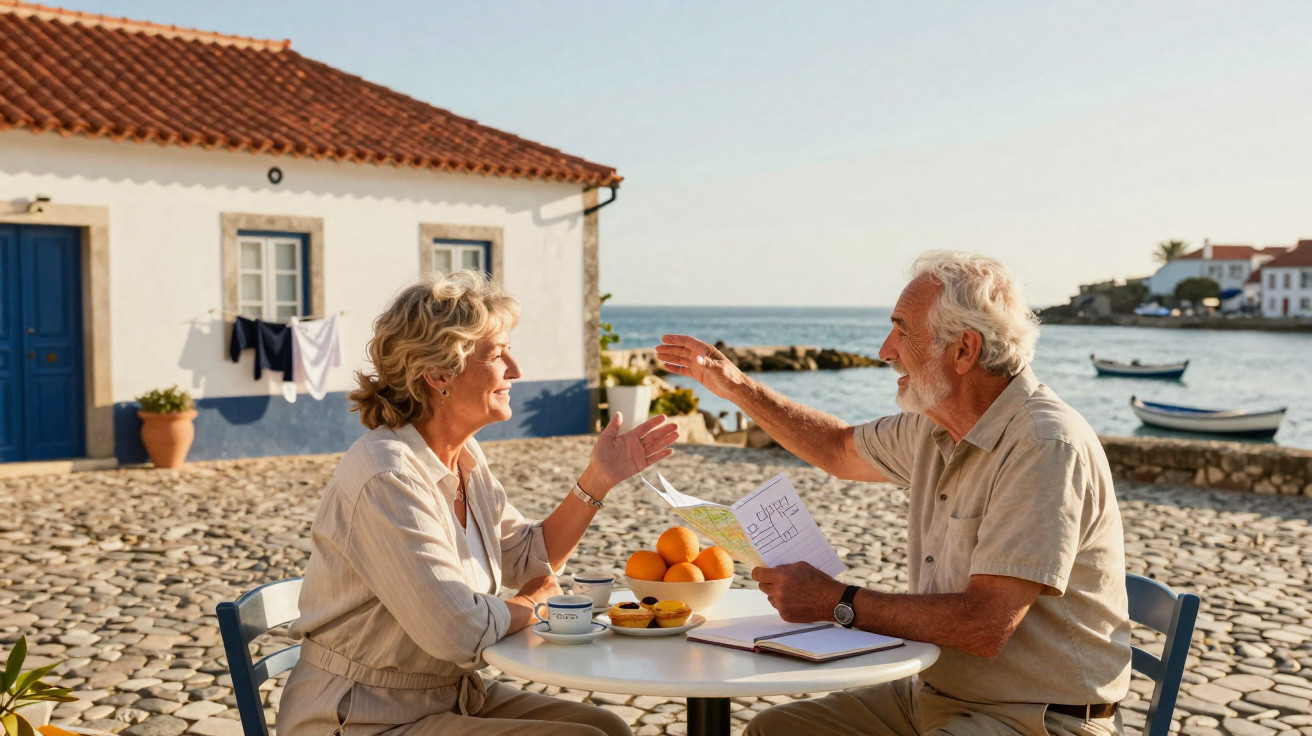 Casal idoso conversando alegremente em mesa com frutas, cafés, perto do mar e casas coloridas ao fundo.