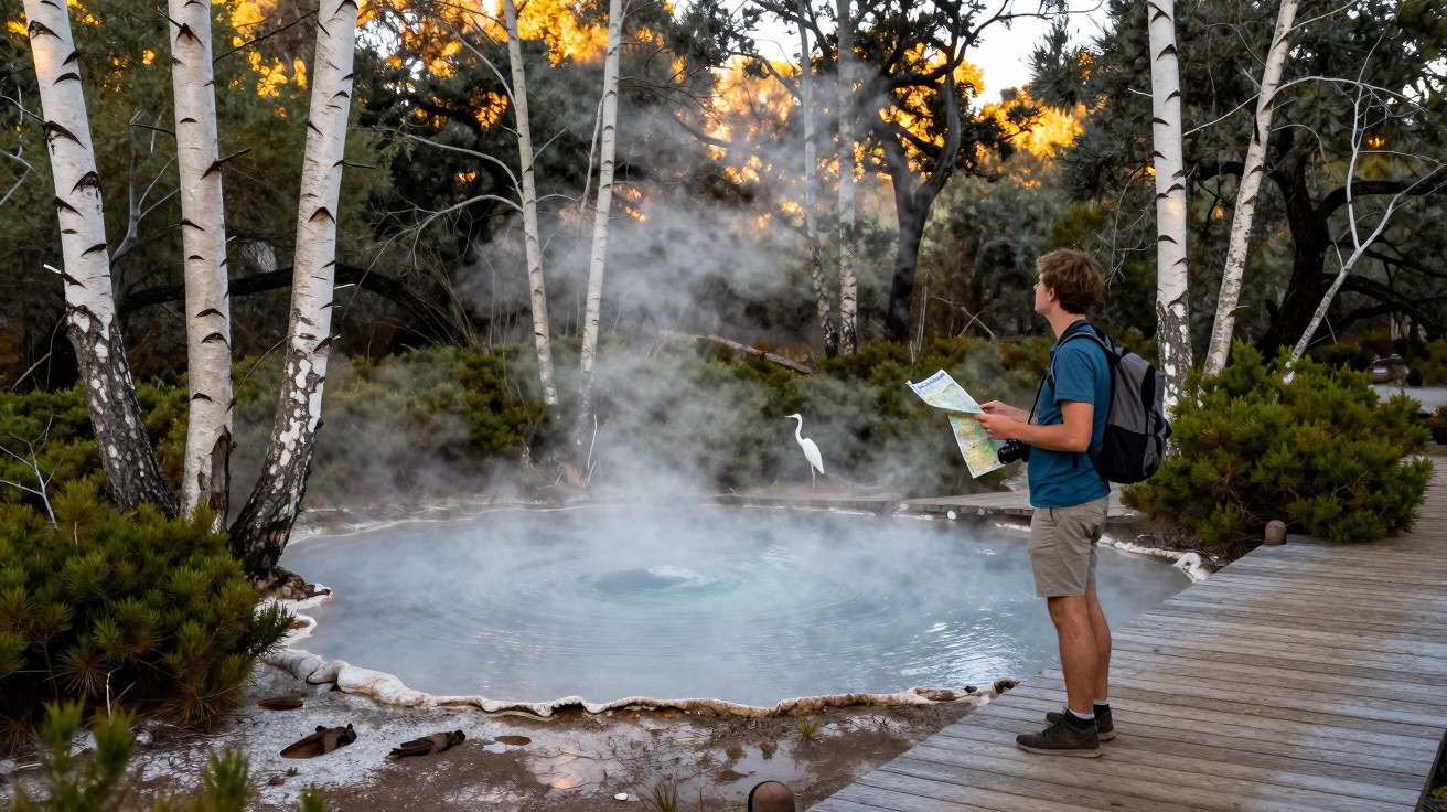 Homem com mochila observa mapa próximo a uma piscina natural de água quente com vapor em floresta.