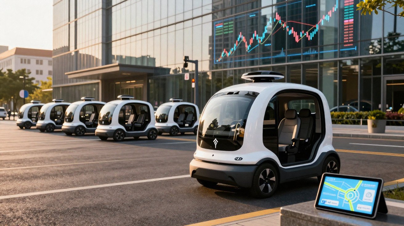 Veículos autônomos pequenos e futuristas estacionados em fila em área urbana moderna ao entardecer.