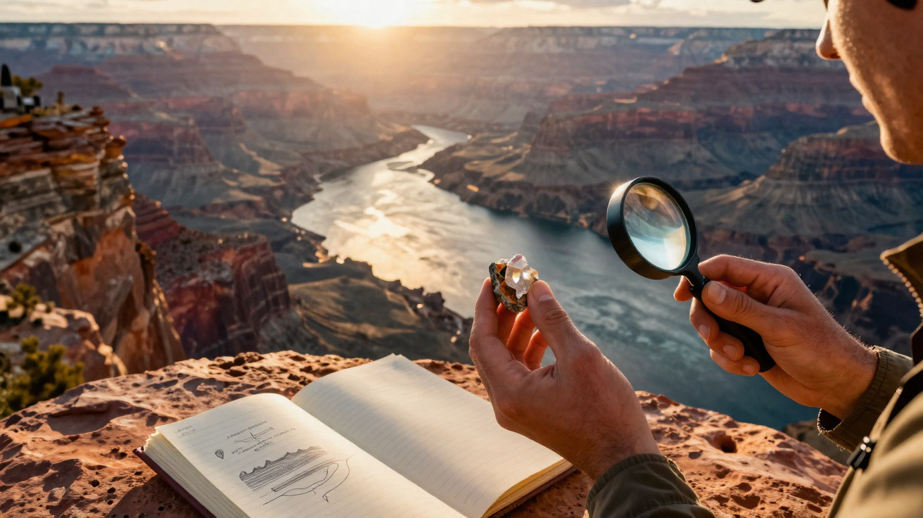 Pessoa observando pedra com lupa próximo ao Grand Canyon ao pôr do sol com caderno aberto sobre pedra.